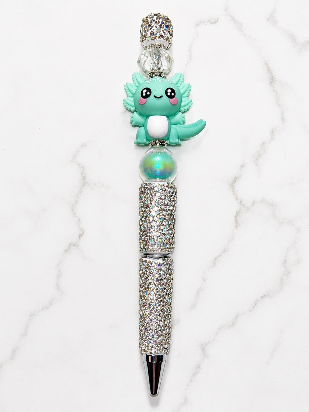 Handmade Mint Axolotl Beaded Rhinestone Pen